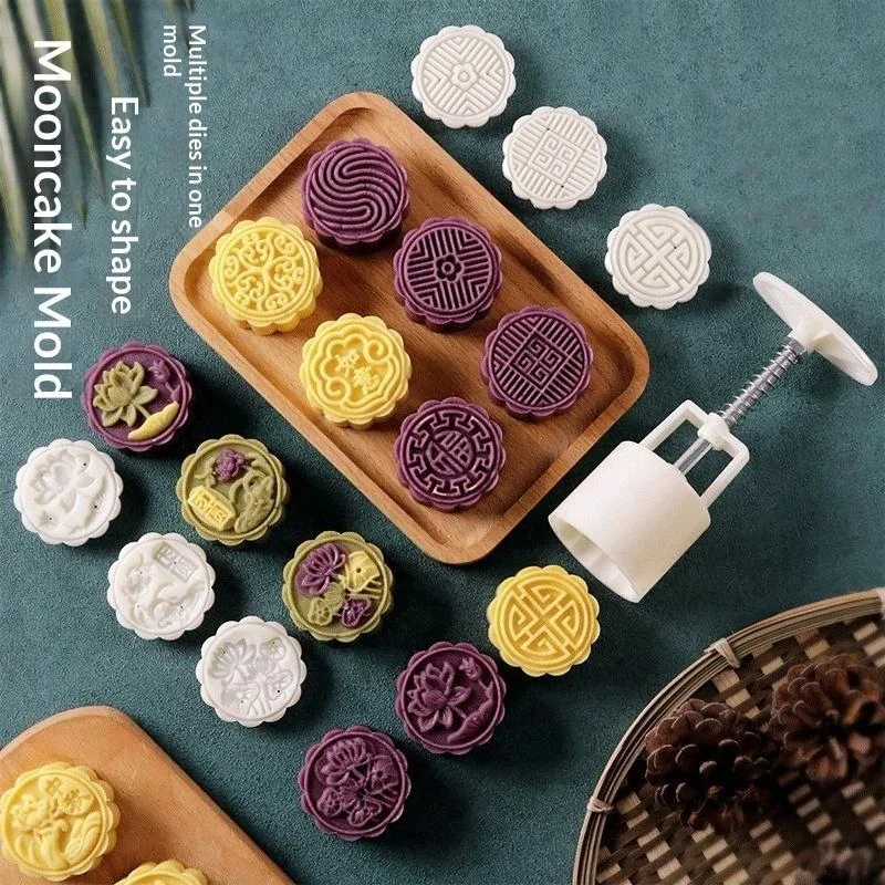 Plastic Hand Press Mooncake Mold With Multiple Pattern Stamps For Home Baking Mid Autumn Dessert Making