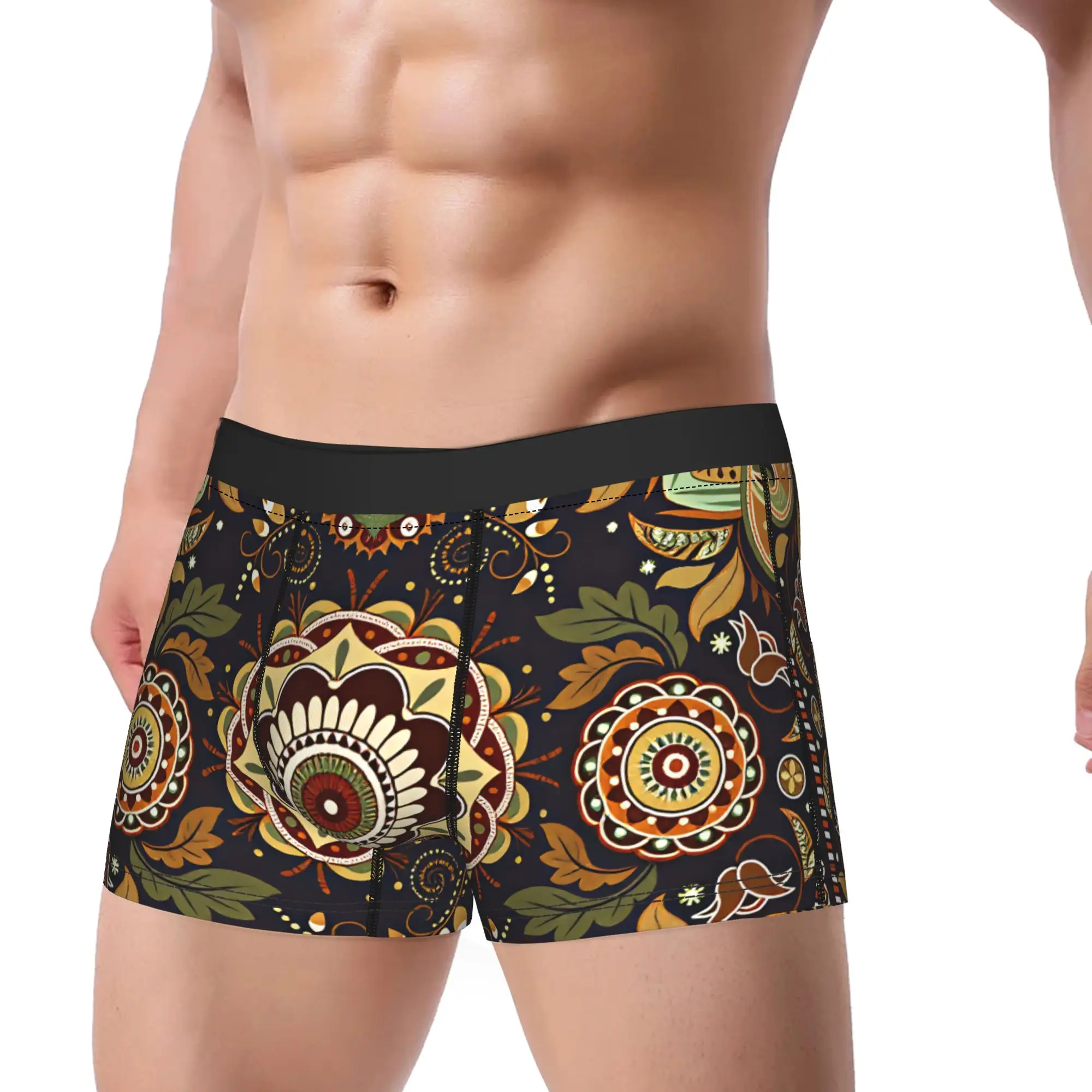 Navy Golden Boho Paisley Floral Boxer Brief  Underwear Quality Man Breathable Trunk Customs Plus Size Underpants