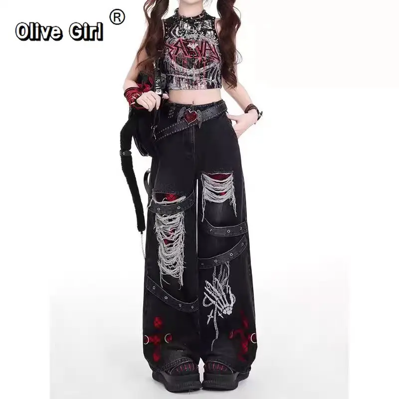 Olivegirl Ripped Denim Jeans Y2k Pants Punk Dance Men Women's Trousers 2026 Spring Autumn Retro Distressed Washed Wide Leg Pants
