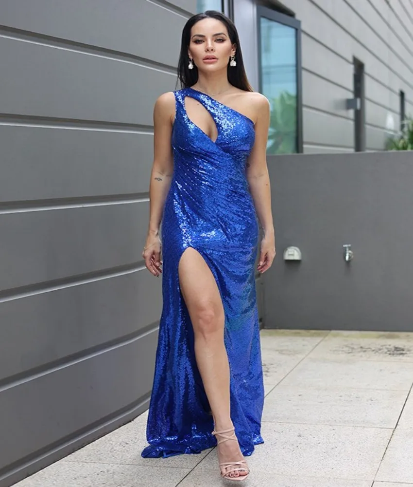 

Customized High Quality Sequined Mermaid One Shoulder Evening Dress Fashion Sleeveless Floor Length Special Occasion Gowns