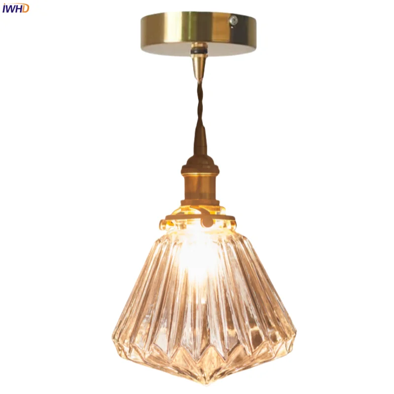 

IWHD 4W Small Glass Pleats LED Pendant Lights Loft Cafe Restaurant Bar Kitchen Bedside Living Room Japanese Brass Hanging Lamps