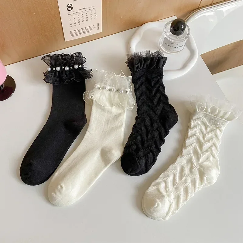 Autumn Children White Black Lolita Girls Lace with Ruffles Stocking JK Japanese Style Pearl Kawaii Cute Princess High Long Socks