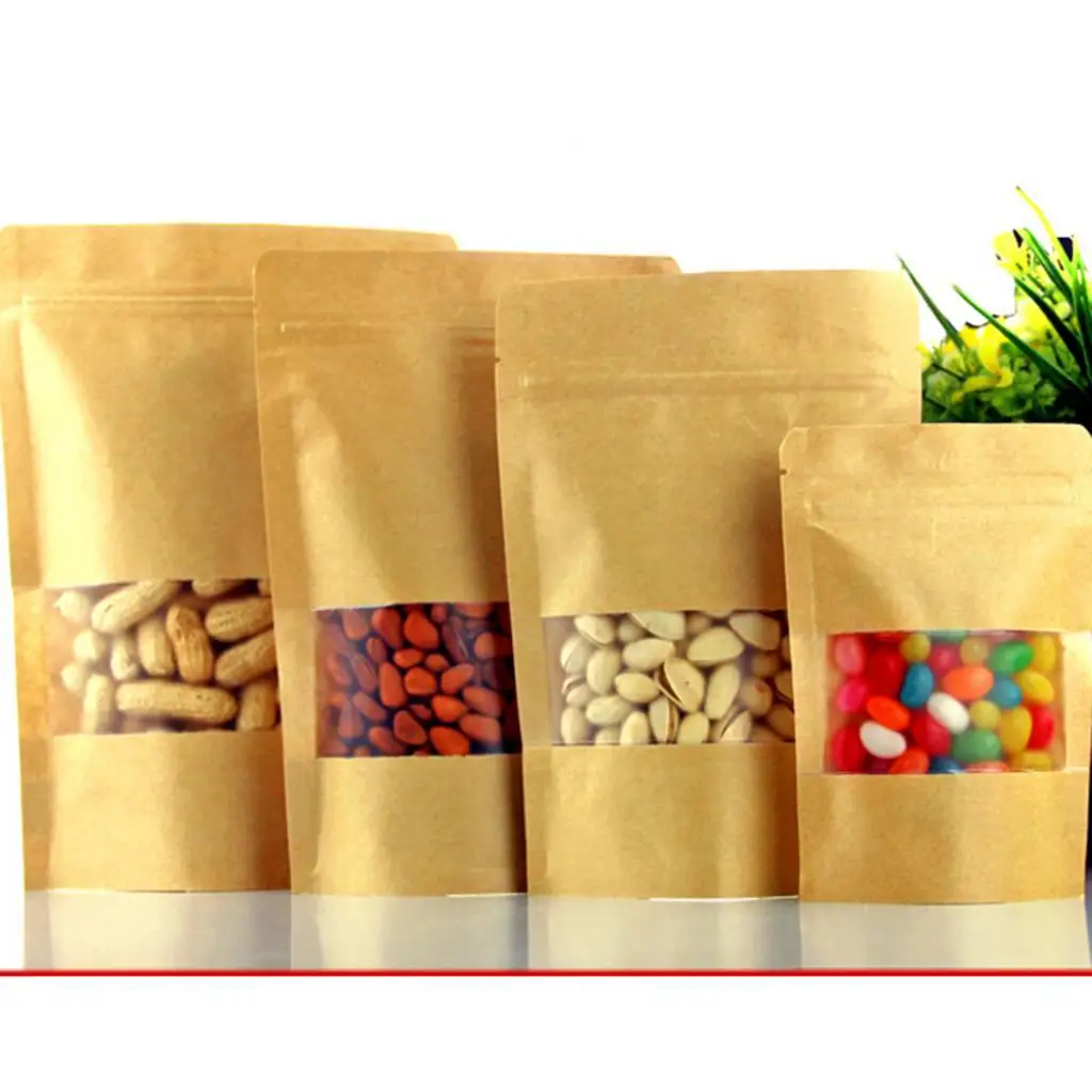 100x Kraft Paper Food Bags Self Sealing Zipper Stand up Bags Pouch w/ Notch&Matte Window Bags Kraft Paper Containers - 9x14cm