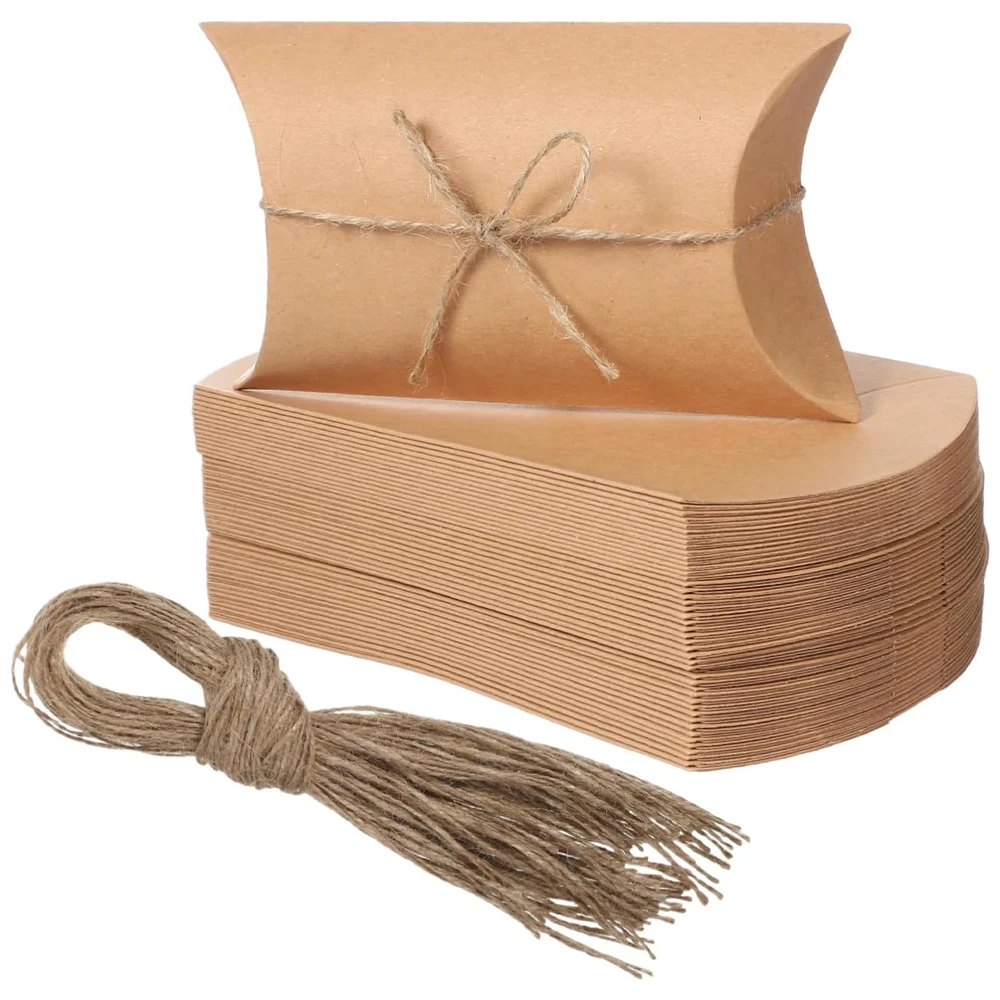 

50pcs Kraft Paper Pillow Box with 20m Jute Rope DIY Gift Candy Christmas Wedding Birthday Party Decoration Packaging Supplies