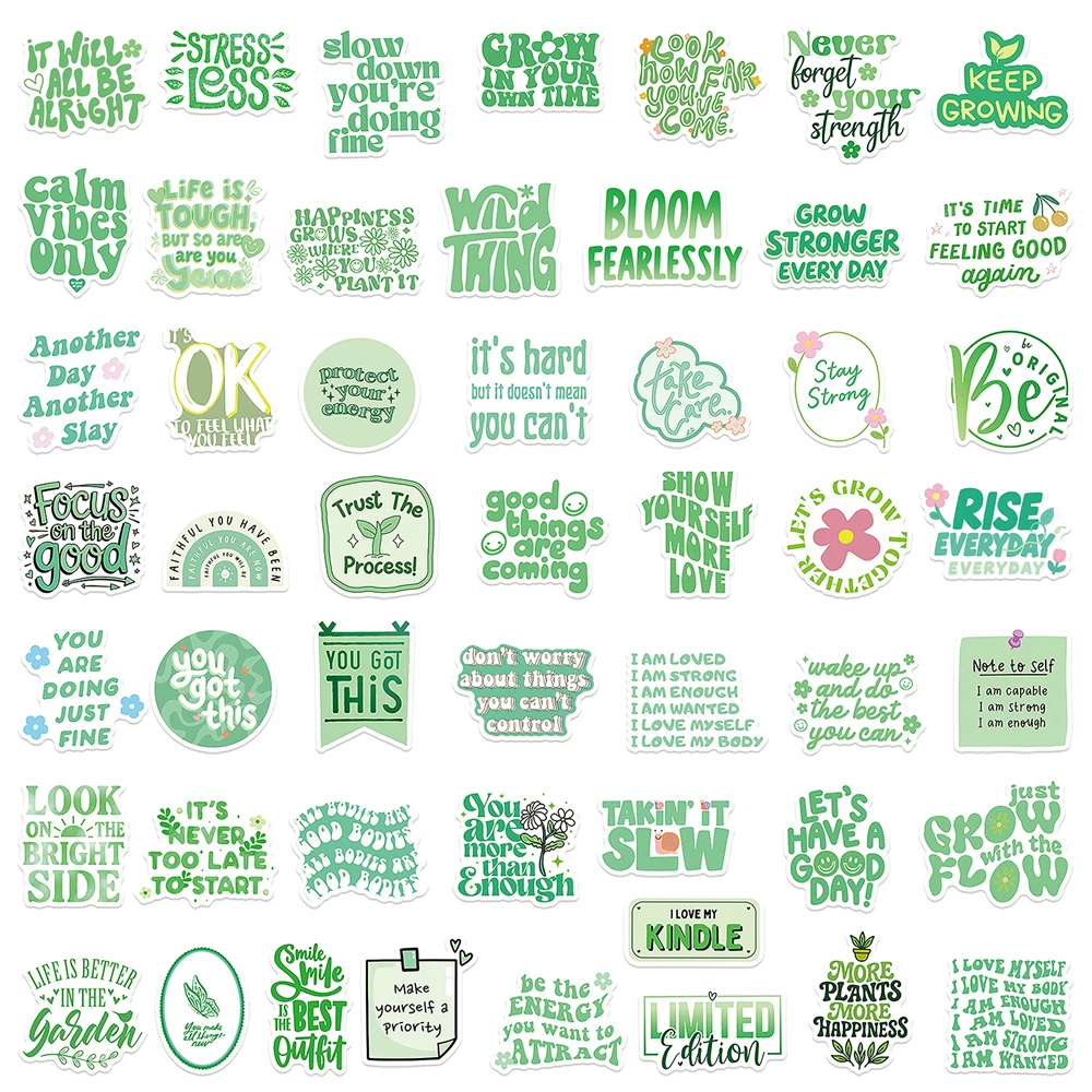 50/100 Pcs Green English Inspirational Quote Stickers Removable PVC Waterproof for Cup Phone Laptop Desk Fridge Guitar Notebook