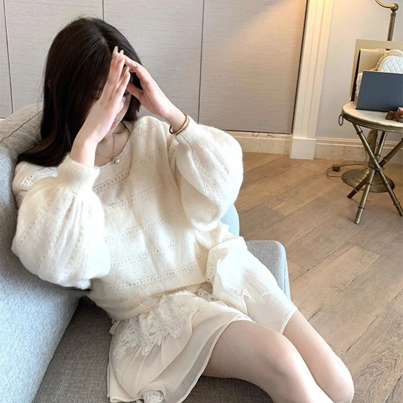 جديد شيك الخريف الملابس النسائية محبوك الجوف طاقم الرقبة سترة موضة رقيقة فانوس كم عادية تريكو الكورية نمط علوي