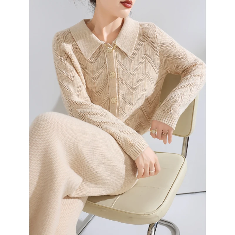 Autumn Winter Women's 100% Wool Set Polo Collar Cardigan Wide Leg Pants Casual Solid Cashmere Sweater Trousers Knitwear Suit