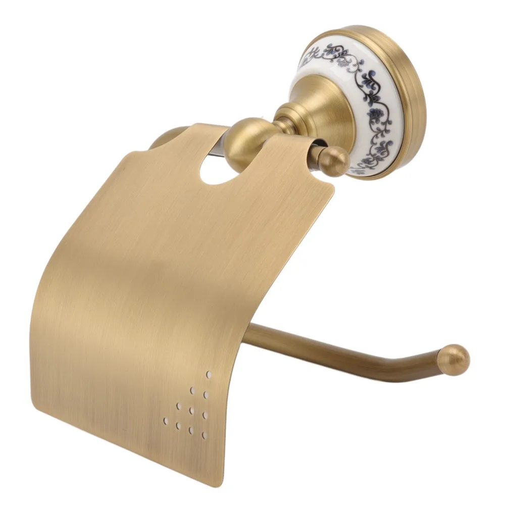 

Brass Blue and White Porcelain Toilet Paper Holder Antique Gold Wall Mounted Paper Towel Holder Vintage Rolling Hanger Design