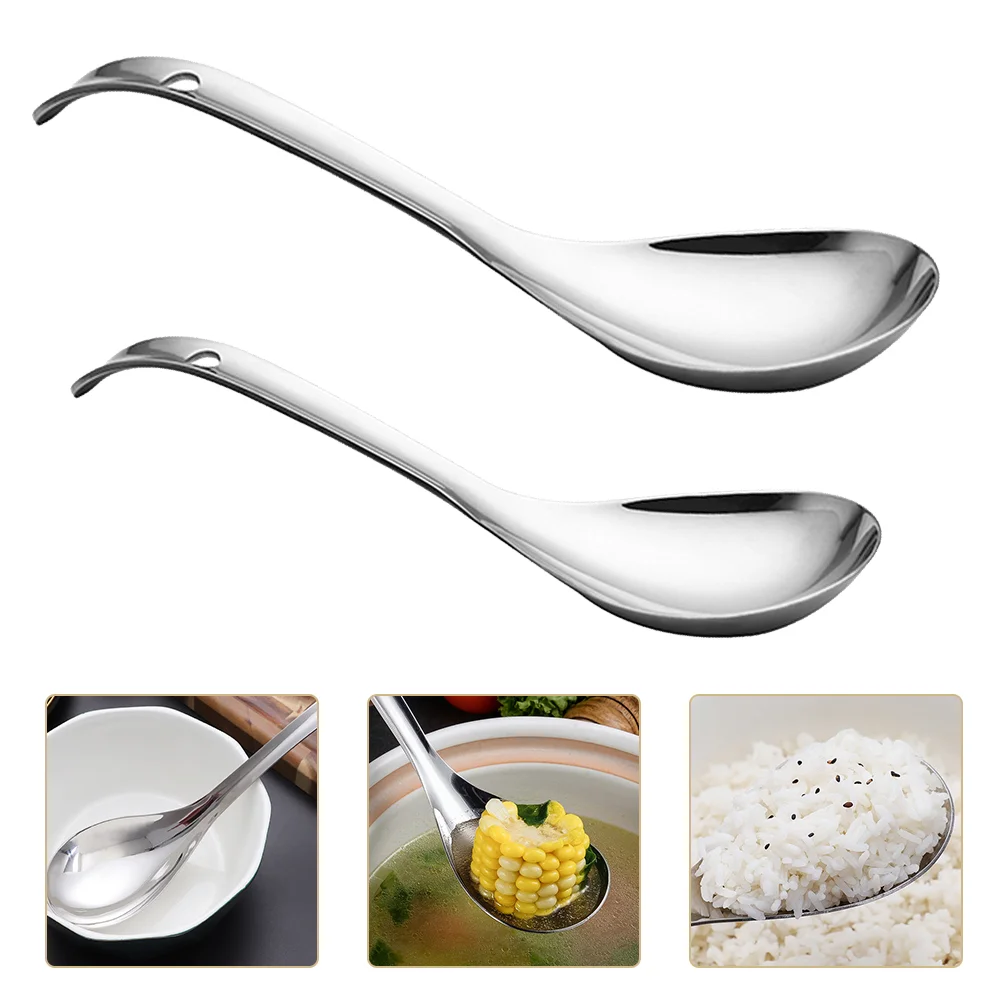 

2 Pcs Rice Cooker Spoon Small Meal Hot Handle Scooper Kitchen Utensils Stainless Steel Soup Spoons Hotel