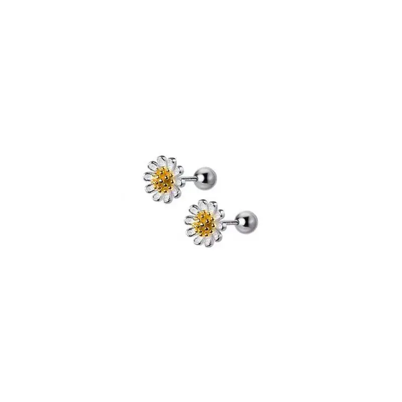 Korean Cute Fashion Daisy Flower Screw Earrings for Women Girls Fresh Temperament Silver Color Pretty Jewelry Accessories Gifts