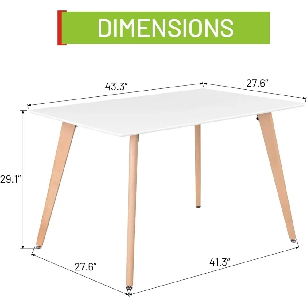 Minimalist Rectangle Dining Table With Round Beech Wood Legs for Home Kitchen Living Room Corner Small Spaces Leisure White