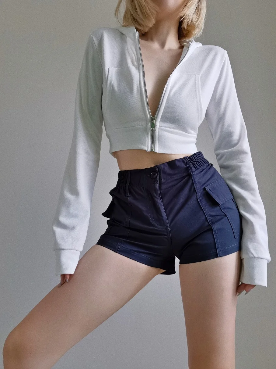 TVVOVVIN American Style Sports Grey Hooded Sweatshirt Women Zipper High Waist Short Long-sleeved Tops Short Hoodie 027D