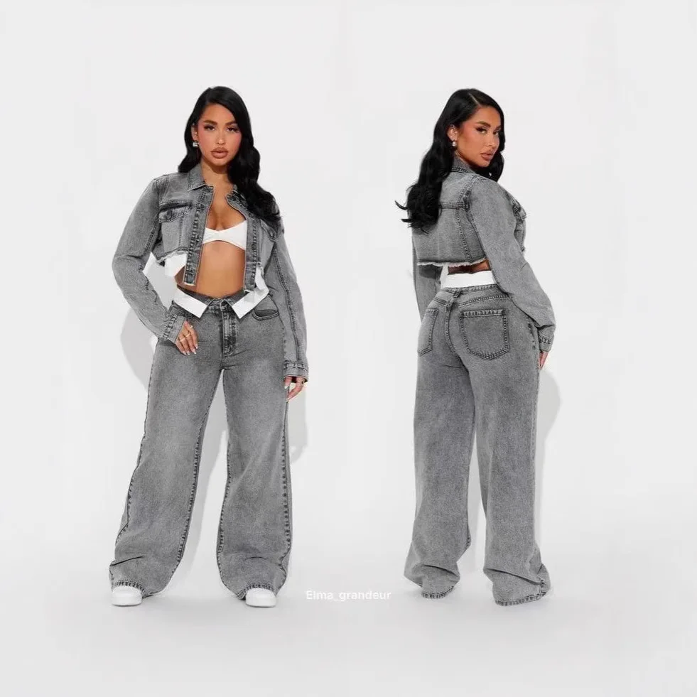 Jeans Suit Women Denim 2 Piece Sets Coat Straight Trousers Washed Vintage Patchwork Jacket Ensemble Spring Streetwear Outfits