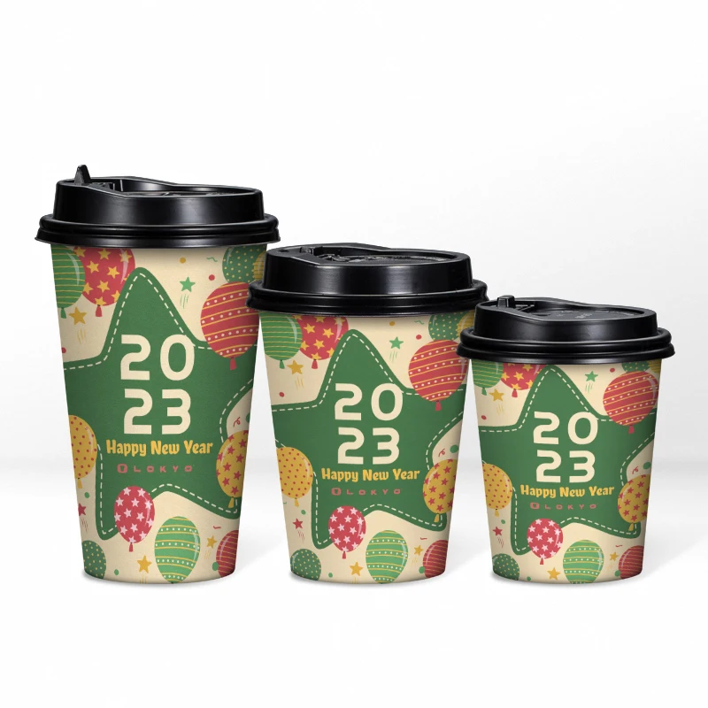 custom.LOKYO Custom Design Disposable Double-Walled Happy New Year Paper Coffee Cup and Lids Single Wall Style to