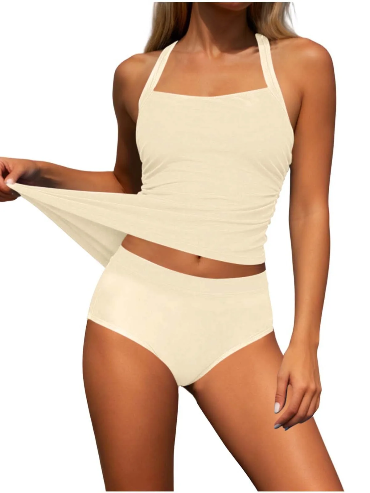 2026 Tankini Set Women Two Piece Swimsuit Loose Fit Tummy Control Shorts Summer Beach Vacation Solid Color Panties Suit Female