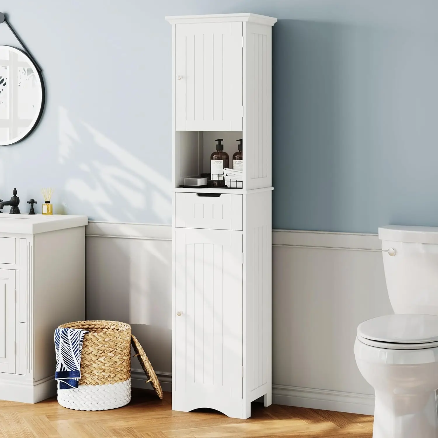 

Tall Bathroom Storage Cabinet Freestanding with Adjustable Shelves, Narrow Storage Linen Cabinet with 2 Doors and 1 Drawers