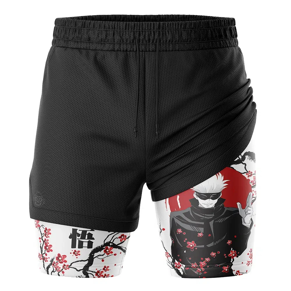 

2026 Summer Jujutsu Kaisen Gojo Satoru Sakura Inspired 2-in-1 Compression Gym Shorts, Japanese Art Print Mesh Workout Shorts