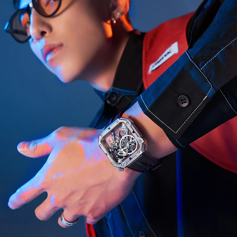 BONEST GATTI Orologio automatico da uomo 42mm Quadrato da uomo Orologio da polso meccanico Zaffiro quadrante scheletrato luminoso Cinturino in caucciù fluorurato 2025