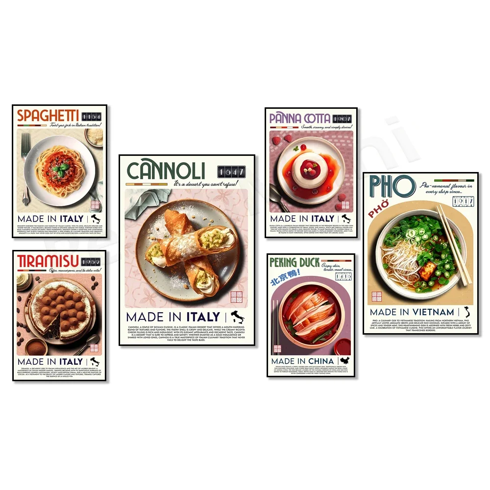 Japanese sashimi, ramen, wagyu beef, Vietnamese pho, Thai tom yum, spaghetti, cream roll, panna cotta, Peking duck food poster