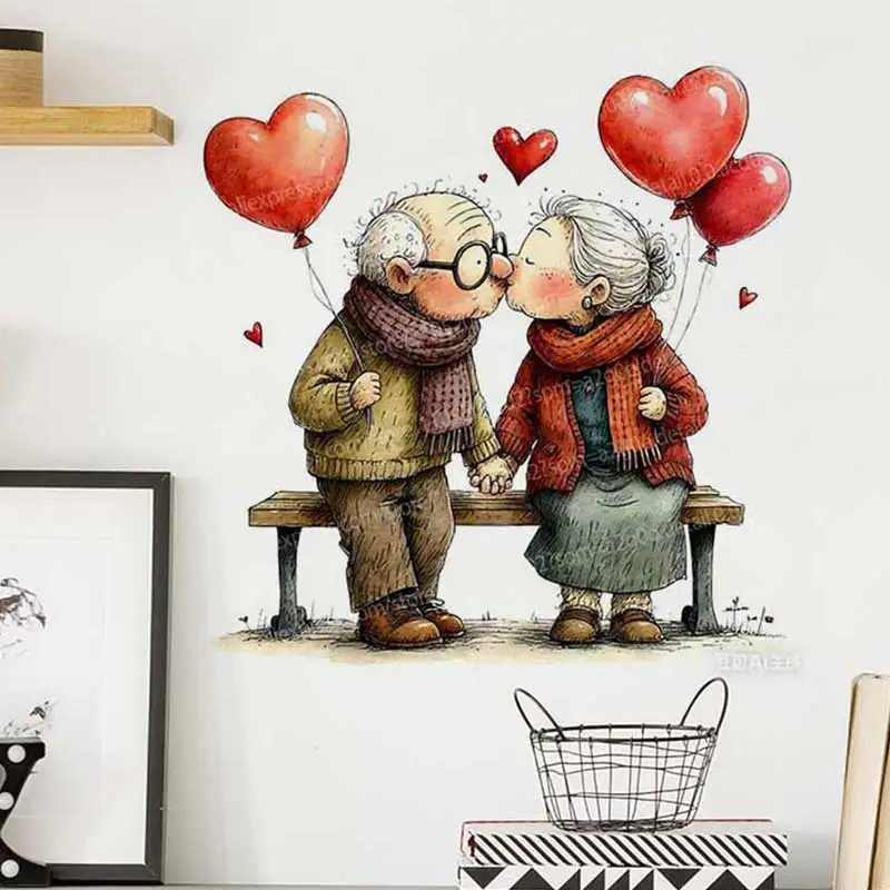 Valentine's Day Elderly Couple Wall Stickers Removable PVC Art Decals for Bedroom Living Room Wall Decoration AA289