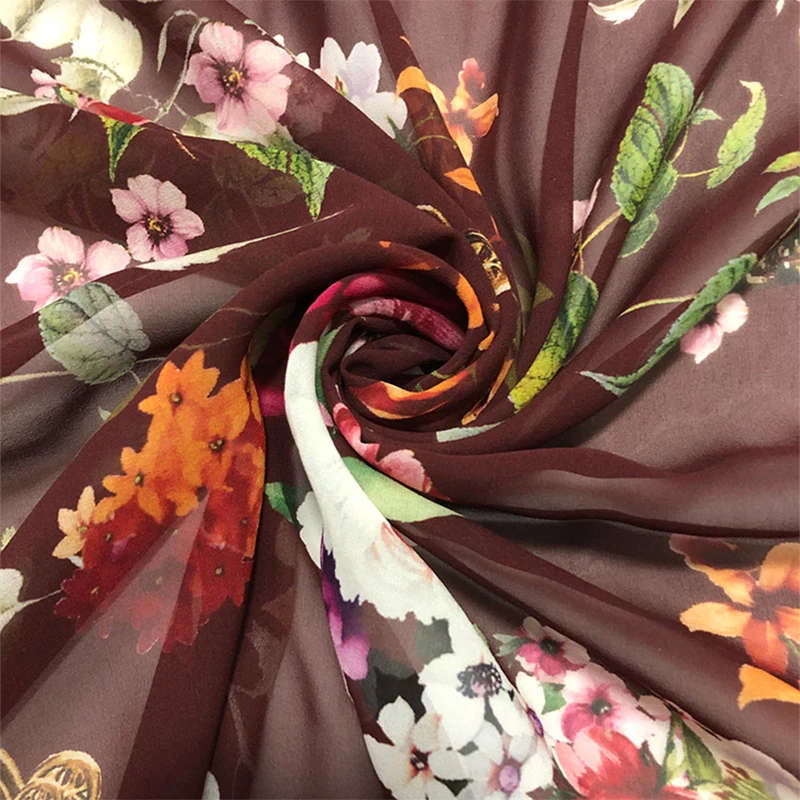 

1 meter 100% Mulberry Silk 10 momme Thin Type Georgette Silk Cameo Floral Printed 140cm 55" wide by the yard CY016