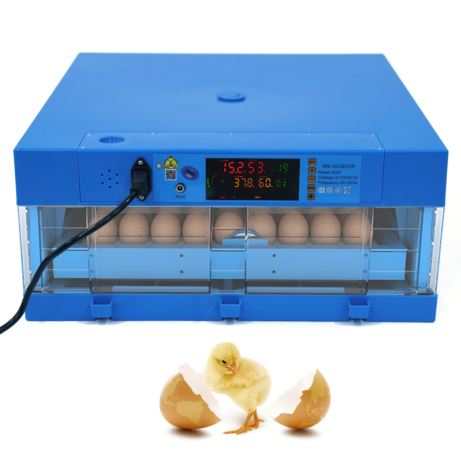 Incubatrice da 64 uova AC 110V/DC12V 80W controllo automatico della temperatura della schiusa dell'uovo di gallina digitale per la schiusa