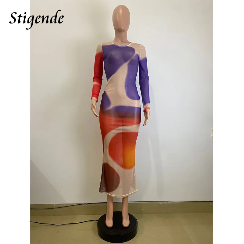 Stigende Sexy Transparent Mesh Dress Night Party Wear Women Patchwork Print See Through Dress