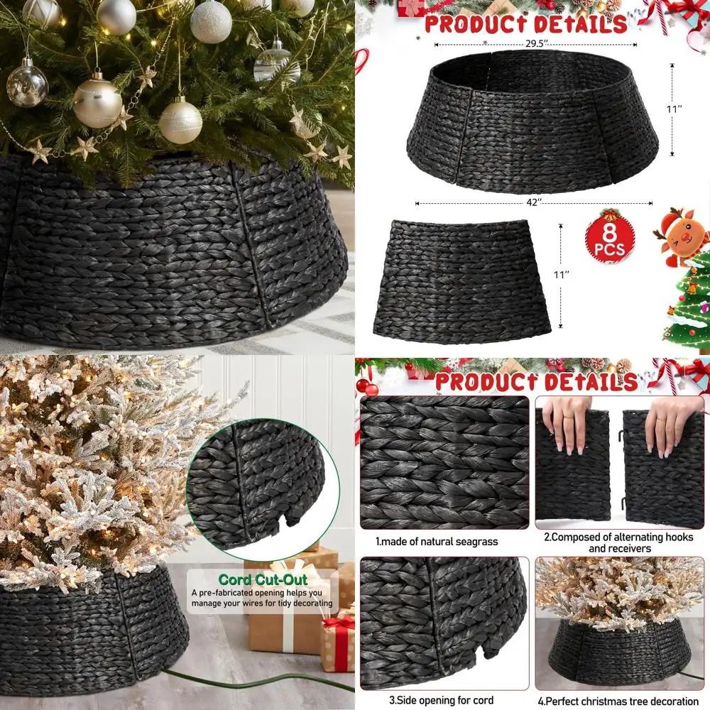 

Rustic Farmhouse Christmas Tree Skirt, 42 Rattan Tree Collar, Woven Holiday Tree Ring Accessory for Home Living Room Decoration