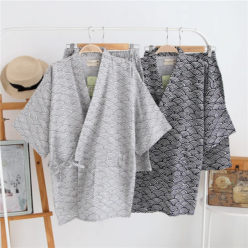 Men Japanese Kimono Pajamas Cotton Gauze Wave Patterned Short Sleeved Shirt Trousers Set Loose Fit Comfort