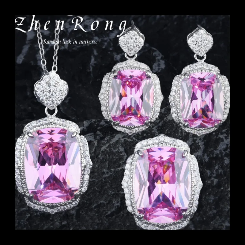 Shili زهر الخوخ مزاجه الجديد الرجعية الوردي الماس قلادة قلادة الوردي كريستال خاتم ملون الكنز وأقراط مجموعة #1