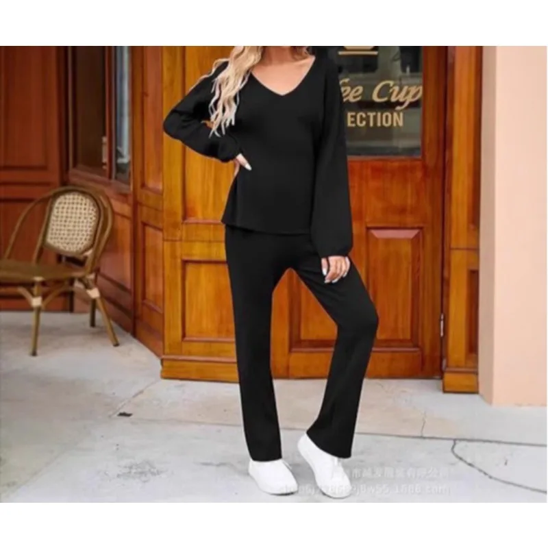 

Autumn and winter women's V-neck sweater long-sleeved trousers loungewear two-piece set
