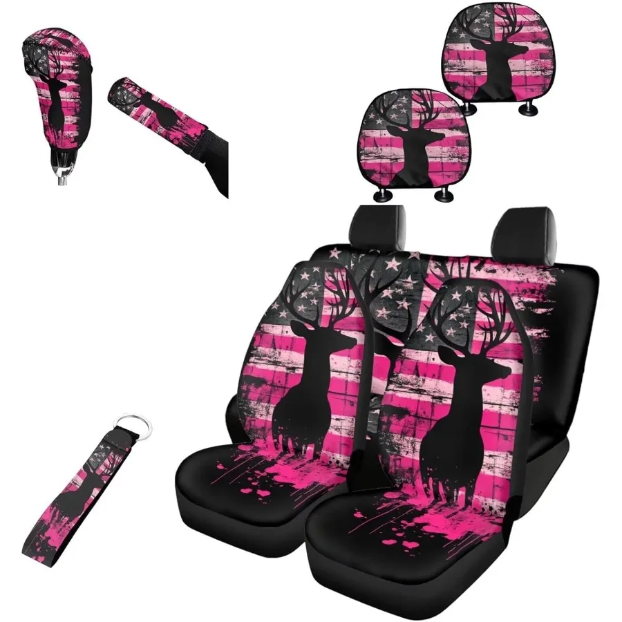 

Universal Fit Car Seat Covers Full Set in Pink with American Flag Design for Front and Back Seats Includes Gear Shift Cover Han