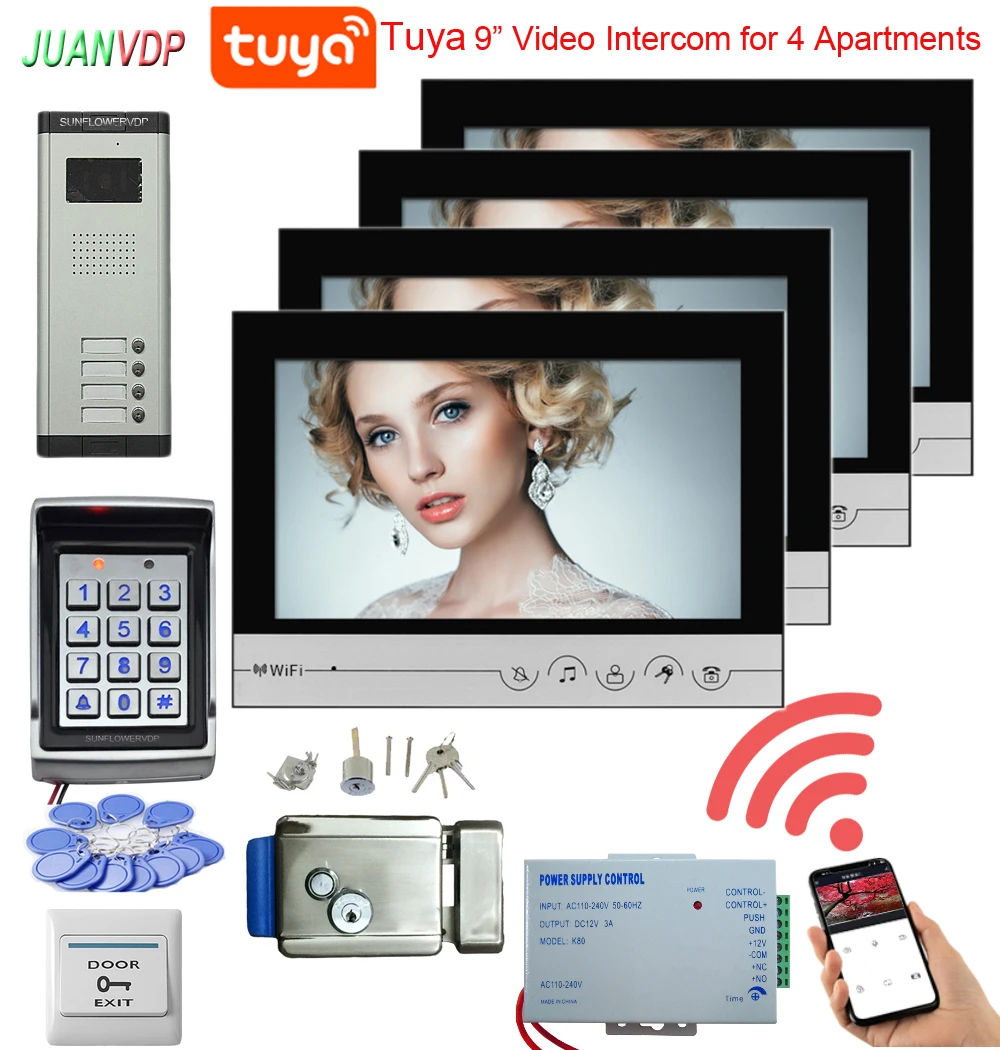 4v4 WiFi 9 inch monitor Wired Video Door Phone Tuya APP Remote Control Unlock Video Intercom Doorbell System for Access RFID