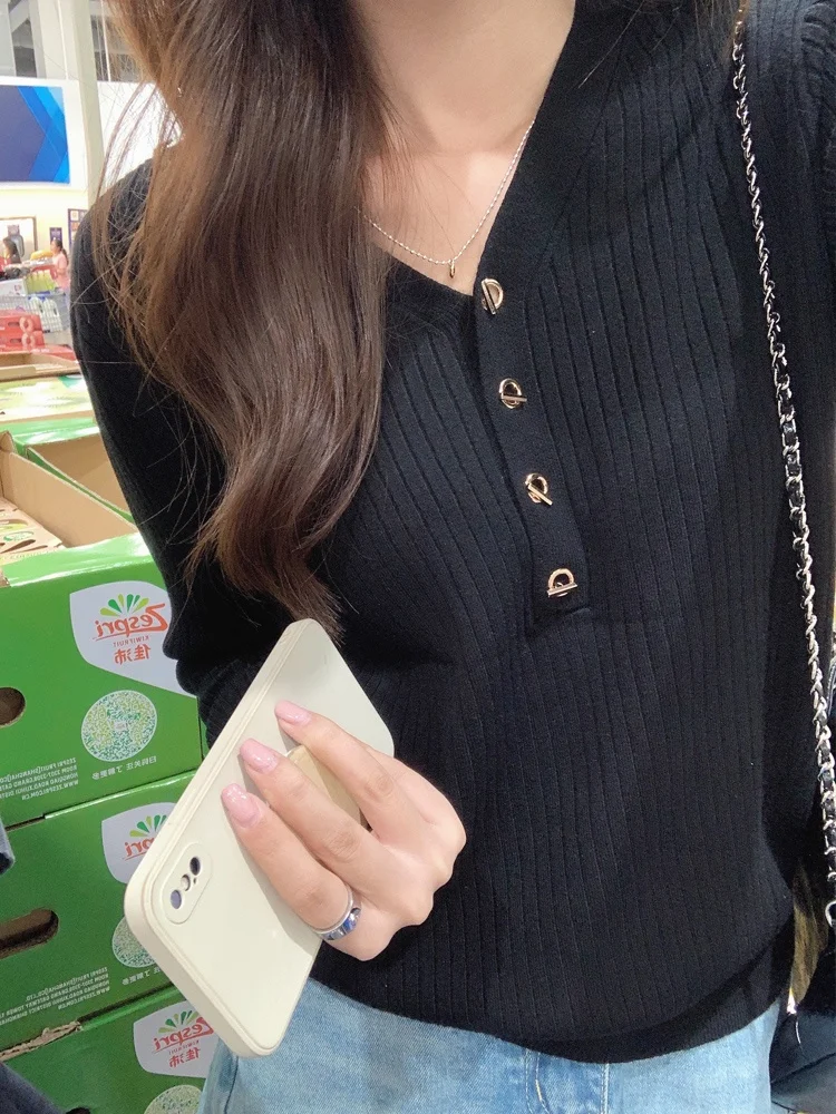 Slim Fit Lange Sve V-Ne T-shirt Dames Faion Herfst Nieuwe Sle Nauwsluitende Gebreide Basis Irt Innerlijke Slijtage trui Top