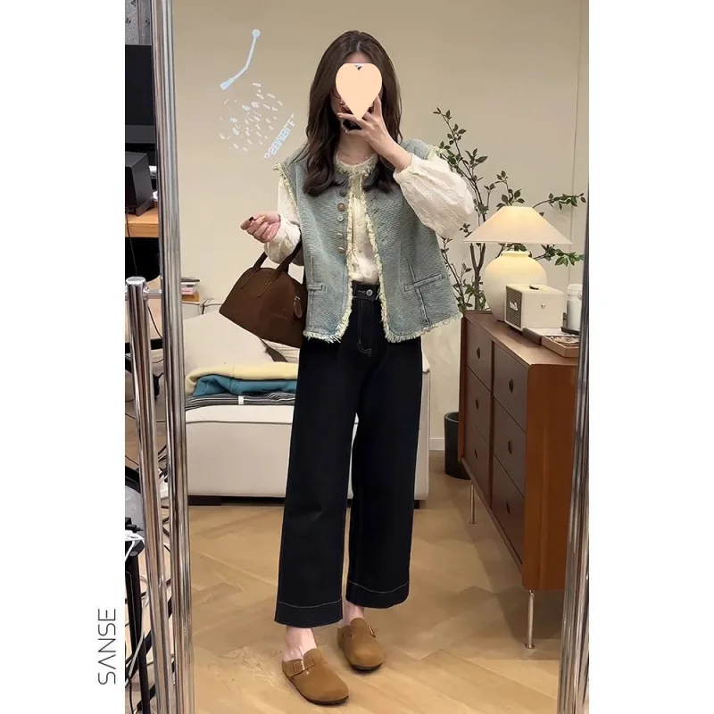 

Осенний модный жилет для похудения, топ, маленький ароматный стиль, джинсовая женская одежда, многослойная рубашка, джинсовый комплект, повседневный комплект для поездок на работу