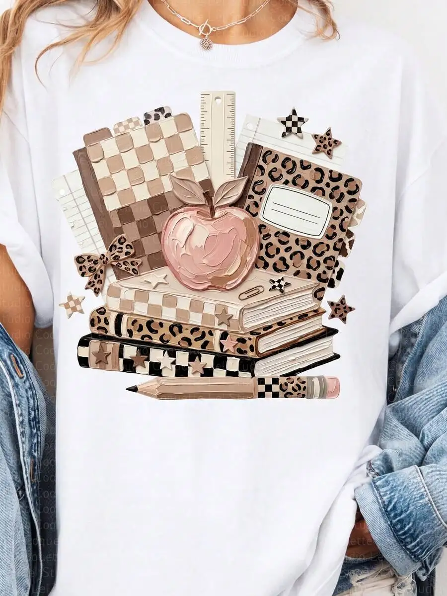 Women Trendy Retro Campus Teacher Back To School Checkered Crewneck Short Sleeve T Shirt Casual 1 Piece Everyday Wear Top