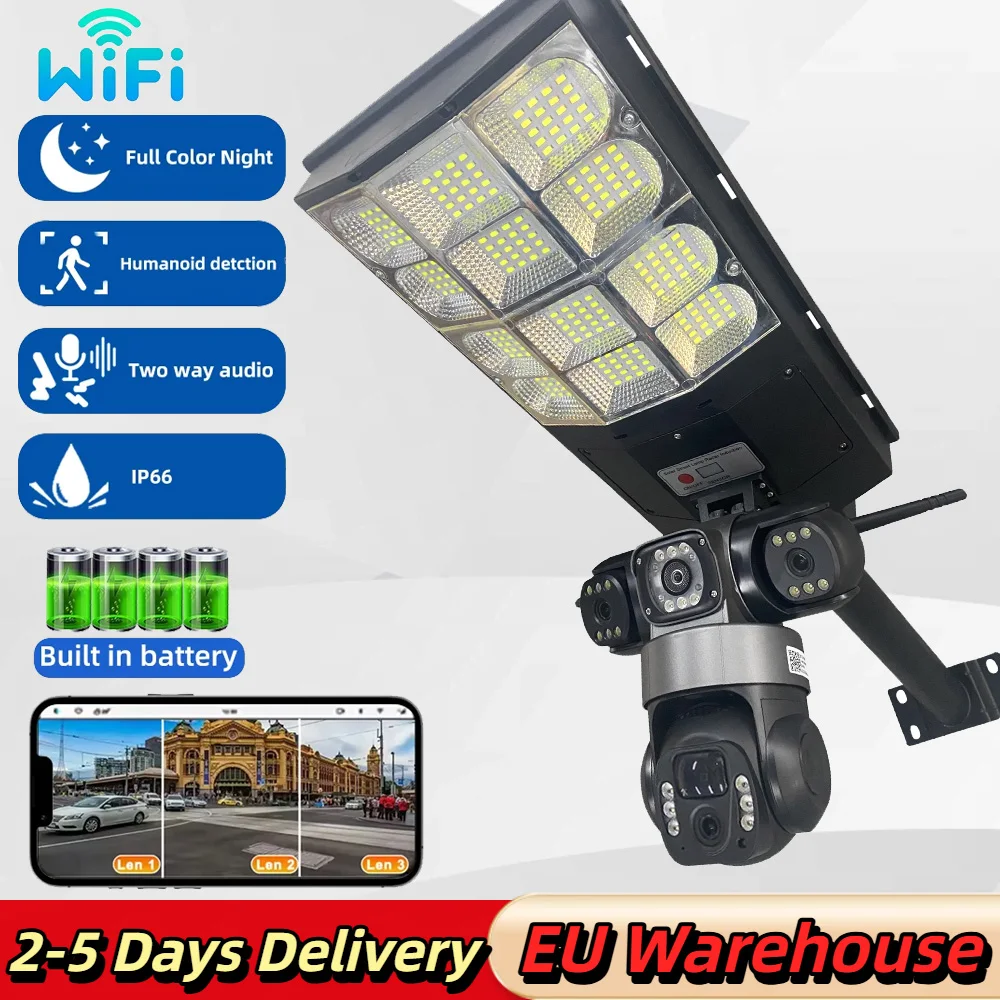 Caméra solaire Wi-Fi V380 Pro avec éclairage de rue 2-en-1, triple objectif, surveillance extérieure, détection humaine PIR, étanche IP66, vision nocturne couleur, PTZ, caméras IP sans fil avec télécommande, protection de sécurité CCTV