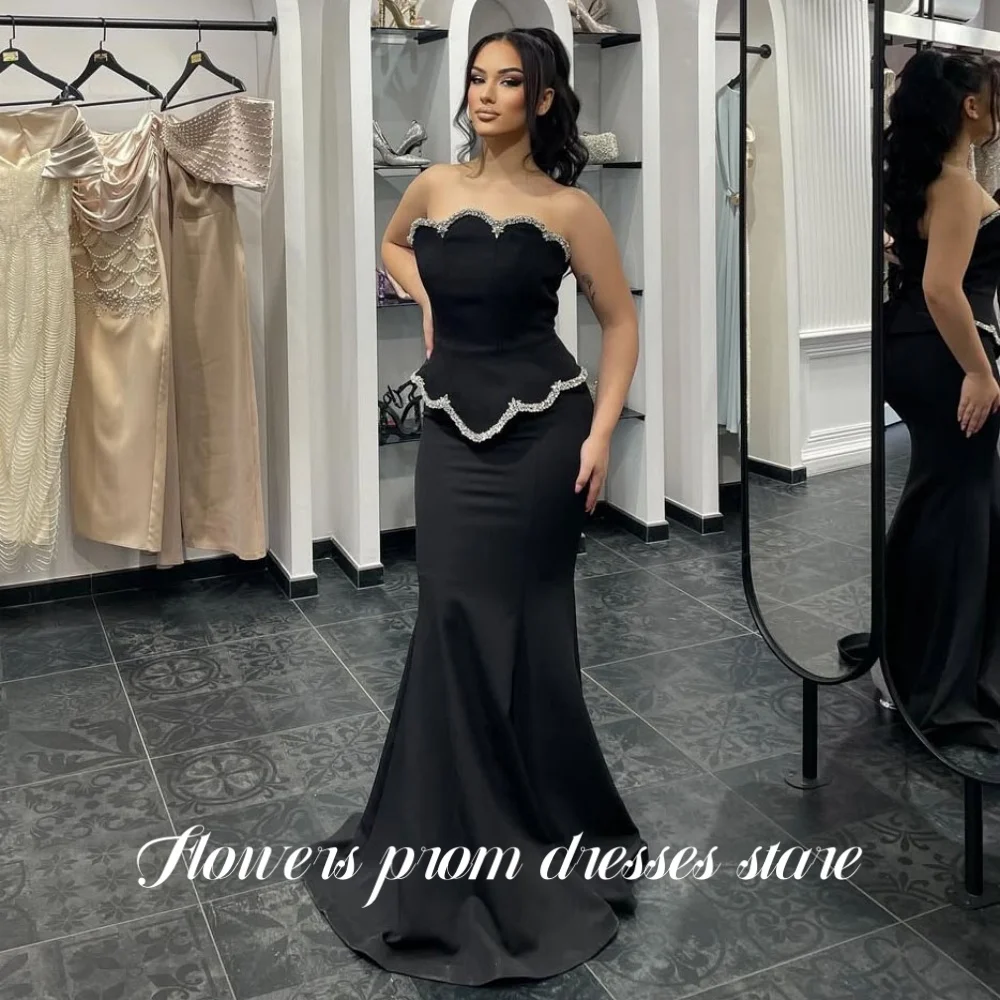 

Flowers Black Party Dress Strapless Trumpet Evening Dress Crystal Stone Crepe Formal Vestido De Novia Arabic Women Customized