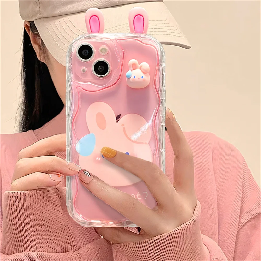 Cute 3D Bear Frog Rabbit Ear Soft Silicone Phone Case For iPhone 14 15 Pro Max 13 12 Pro 11 X 8 Plus Cartoon Clear Cover