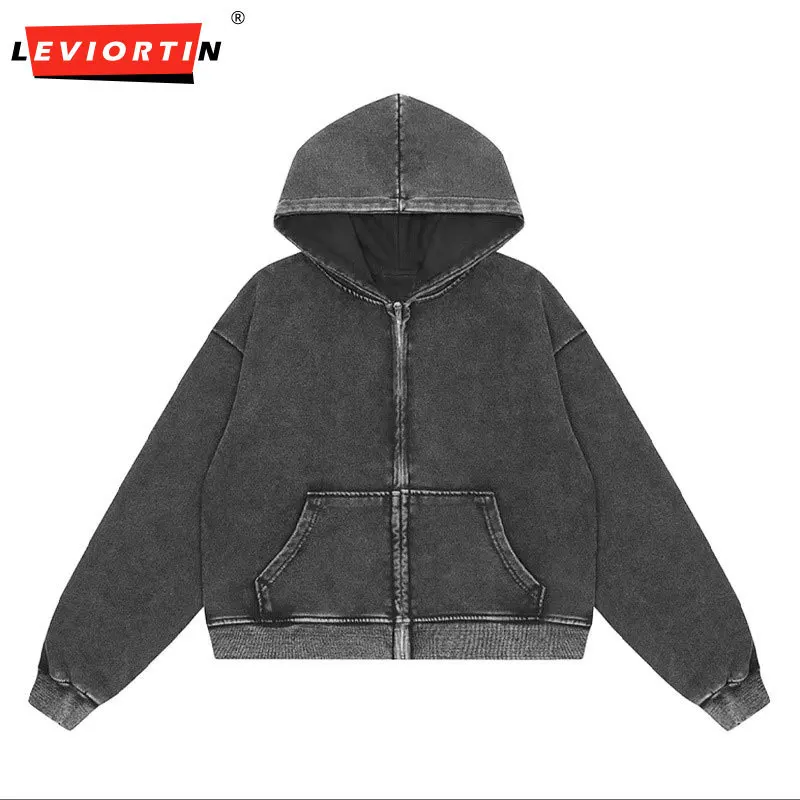 Retro Men Heavyweight 350gsm Zipper Hoodies Jacket Streetwear Unisex Loose Washed Cotton Hooded Sweaters Coat Hip Hop Outwears