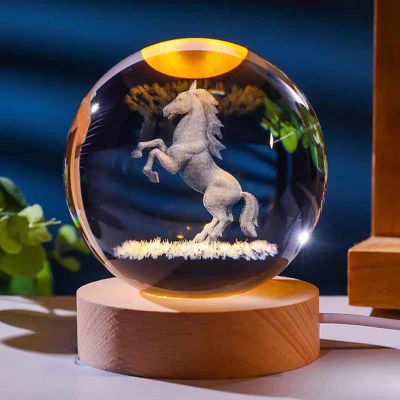 Chinese Zodiac 3D Laser Engraved Crystal Ball Dragon Tiger Animal Model Figurines Night Lamp Home Desktop Decoration