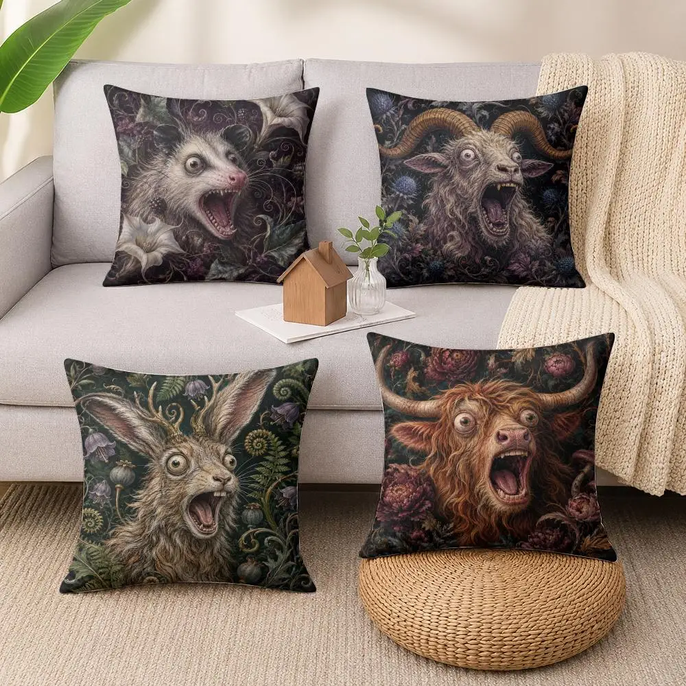 Surreal Floral Screaming Goat Cushion Cover Soft Short Plush Pillow Cases Hidden Zipper Cutecore Sofa Bedroom Home Decor Gift