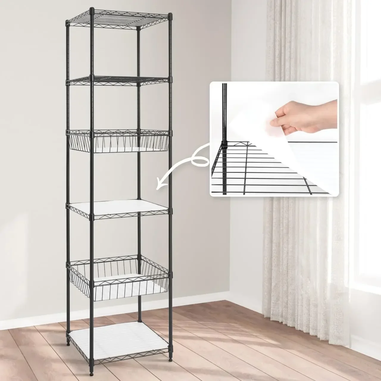 

Wire Shelving Unit w/Baskets & Liner, Storage Rack Corner Shelves, Storage Rack Kitchen, Bathroom, Laundry Closet, Basket Shelve