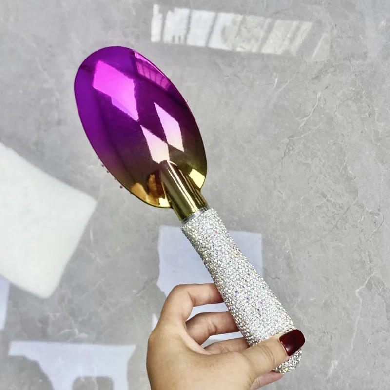Luxurious gradient cushion comb with artificial diamonds. Home-use hair straightening comb with smooth hair texture. Creative an