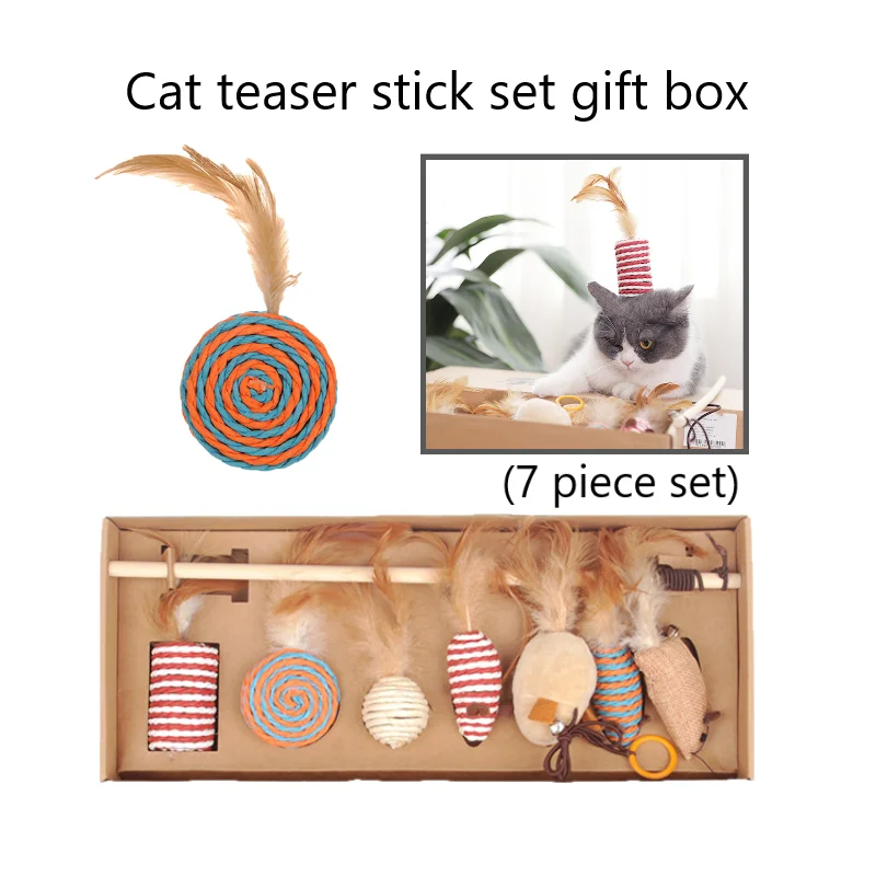 

7pcs/set Funny Cat Toys Sets With Gift Box Feather Cat Teaser Wand Catnip Katten Sisal Speelgoed Cat Toy Box Set Linen Mouse Toy