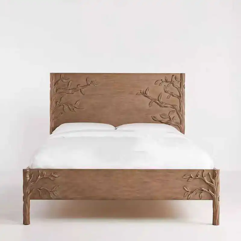 French retro solid wood carving flower bed American Chuangyi Mori style garden theme double bed