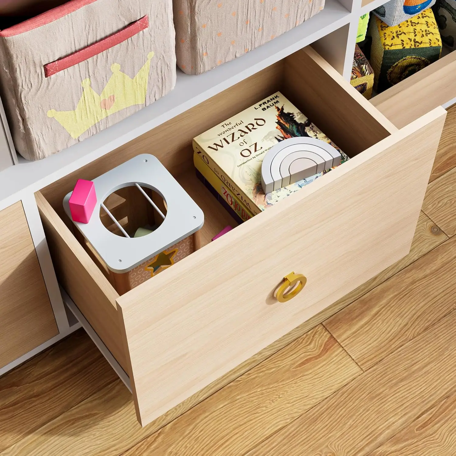 4-Tier Toy Storage Organizer with Drawers, 9-Cube Bookcase for Playroom, Nursery, Classroom, Bedroom