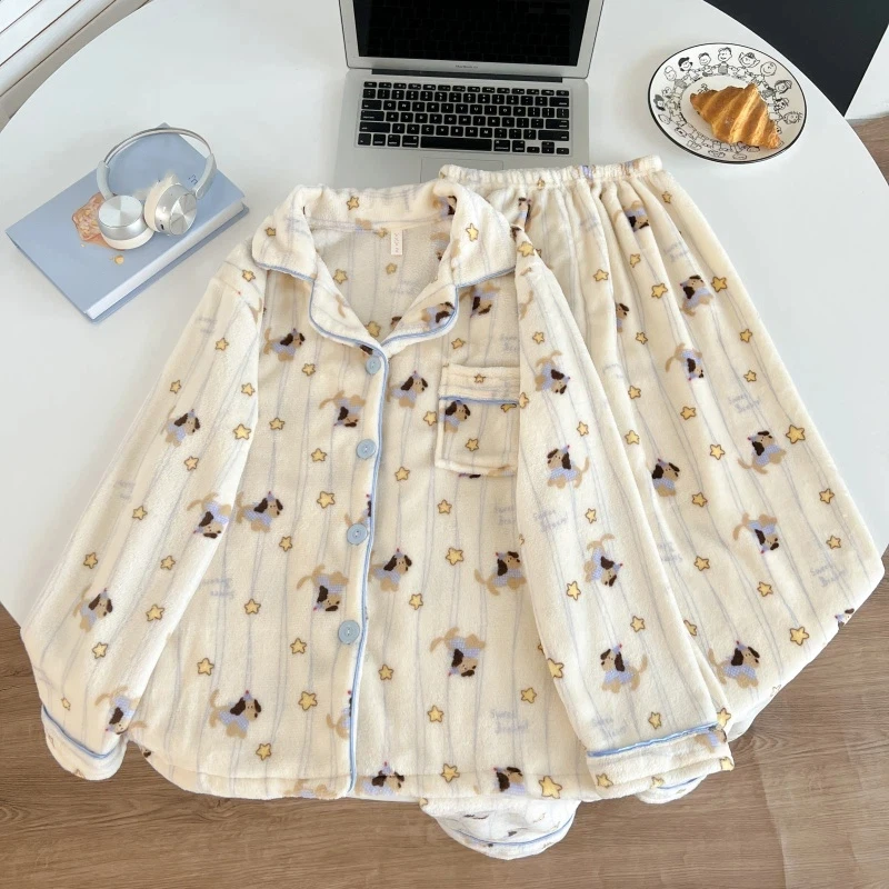 

Autumn Winter New Pajamas Set Sweet Cute Long Sleeve Star Dog Print Warm Sleepwear Thick Casual Pajamas Coral Fleece Two-Piece