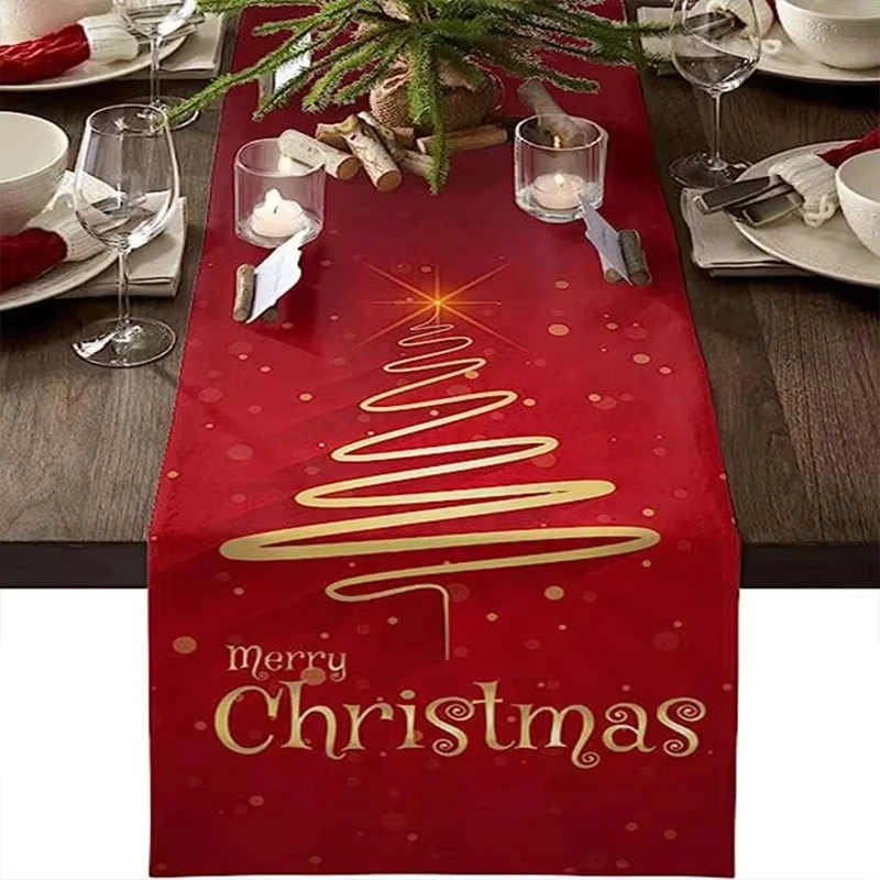 1 Stück Weihnachts-Tischläufer mit Winterszene, Kiefernbäume, goldene Schneeflocken für Weihnachtsfeier, Dekoration und Geschenkidee, Tischflagge