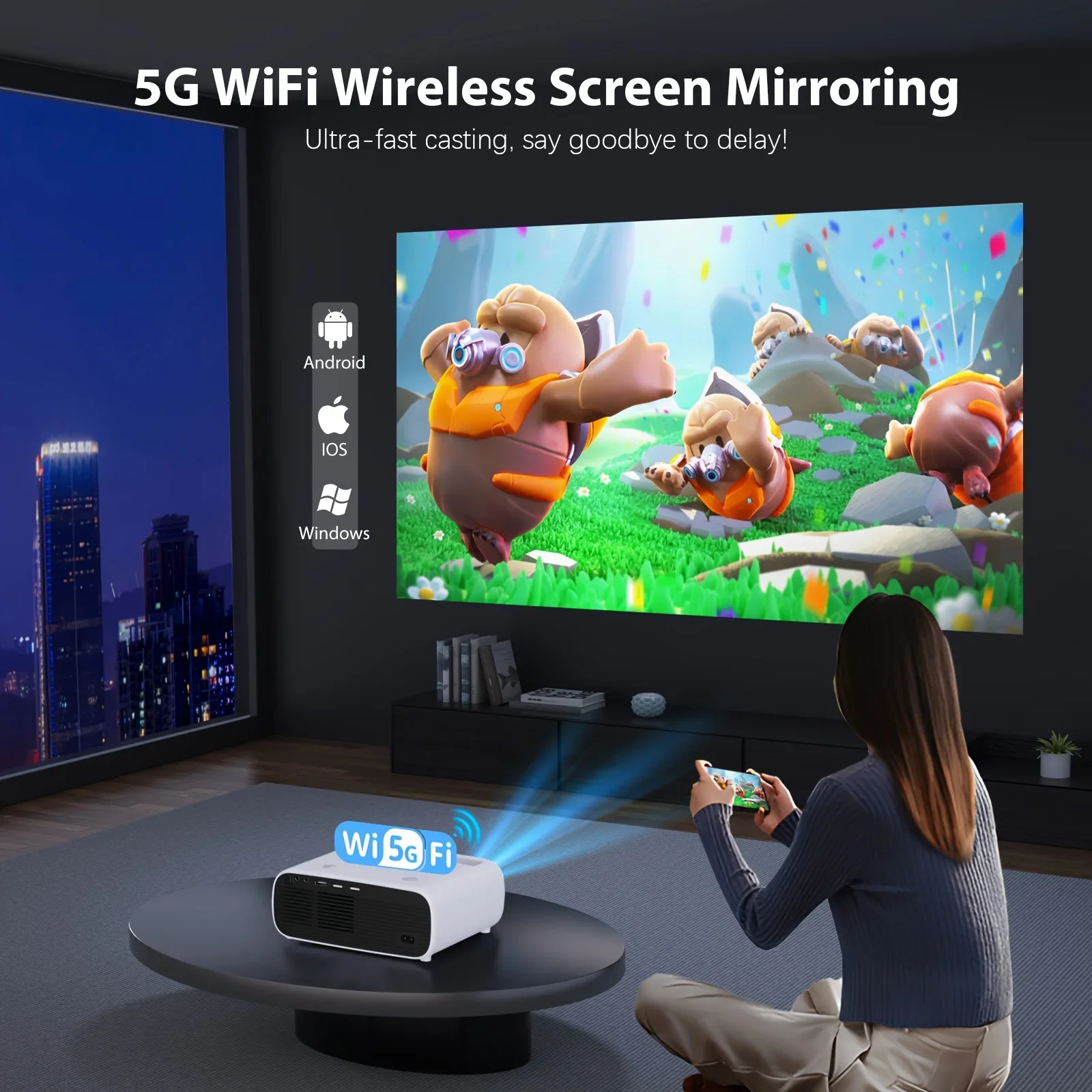 

Native 1080P Home Theater Projector, 88.9-508.0 cm Display, 5G WiFi, HDTV/USB/AV Compatibility